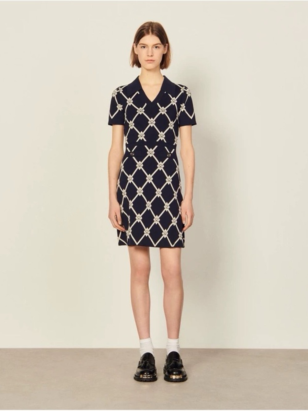 Sandro Navy Mini Polo Dress with Ivory Lattice